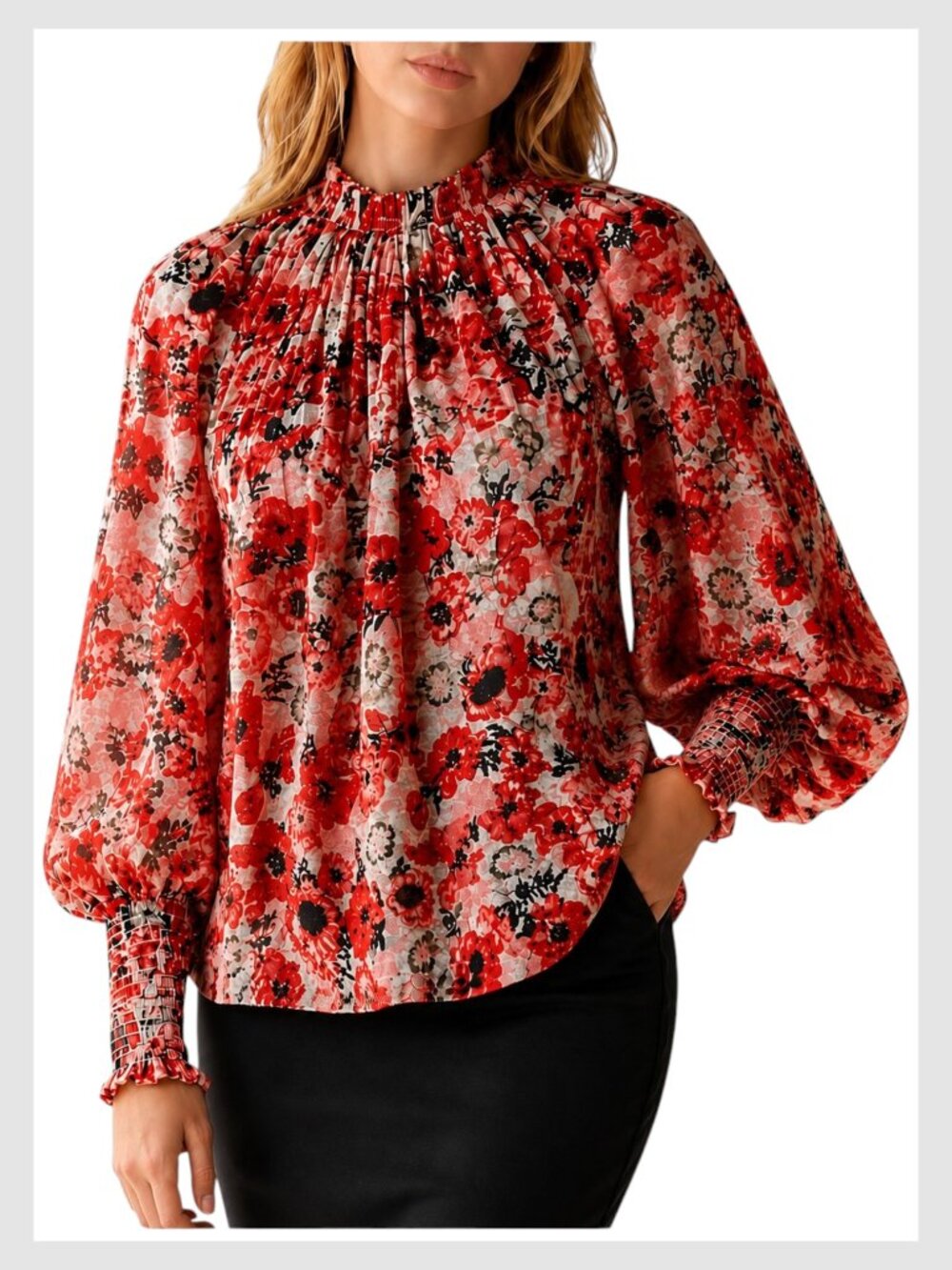 Chufy Bianca Silk Blend Balloon Sleeve Blouse Red Floral Size M